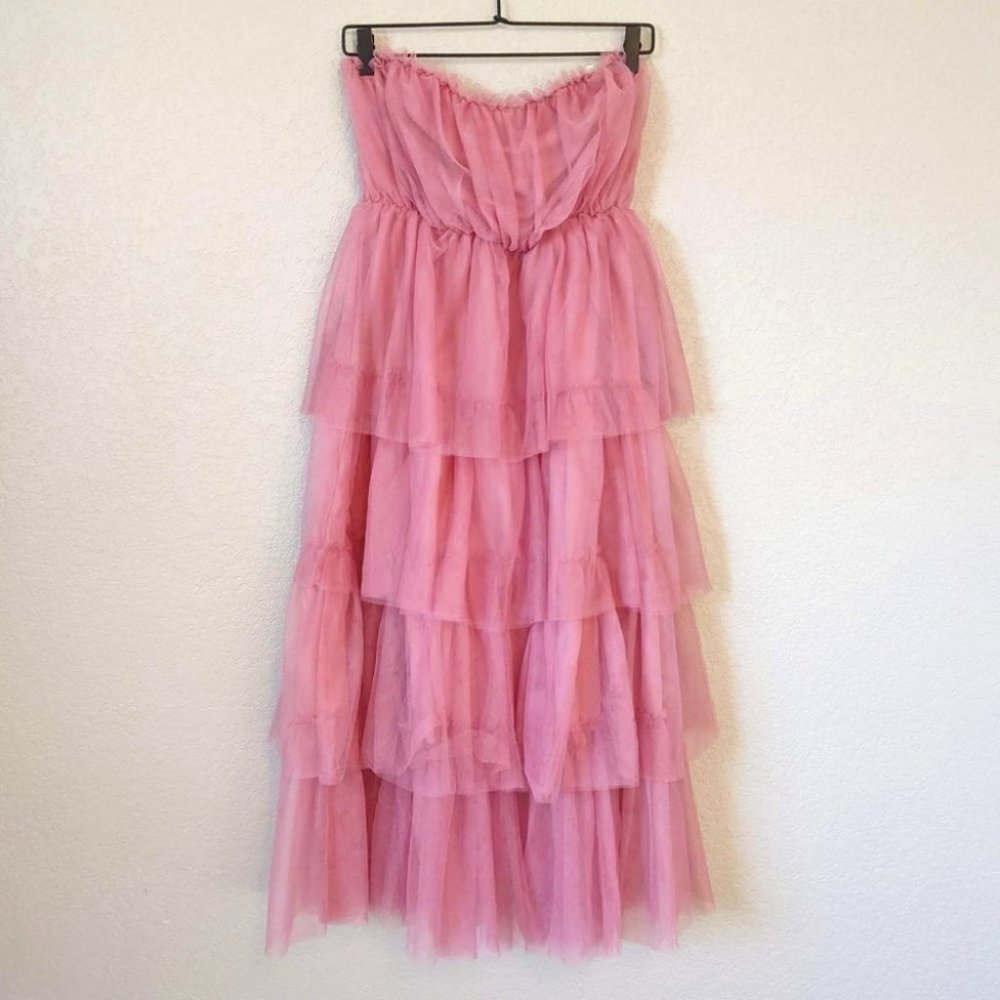 Pink Strapless Tulle Layered Tiered Ruffle Midi Dress L